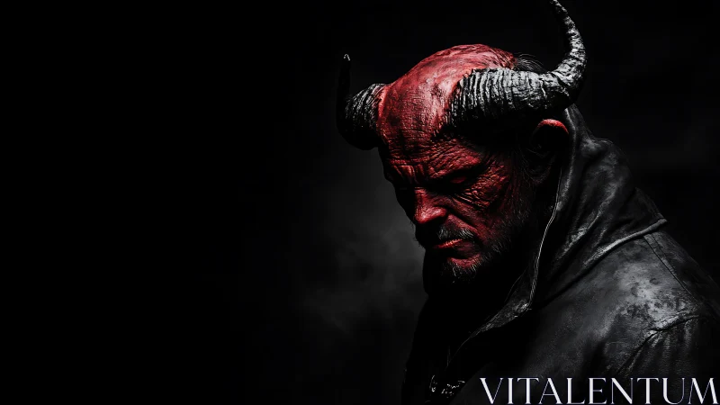 Horned red demon portrait in deep cinematic shadows.