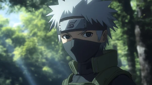 Masked silver-haired ninja stands alert in a sunlit forest.