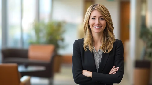 Confident businesswoman in modern office, professional portrait style.