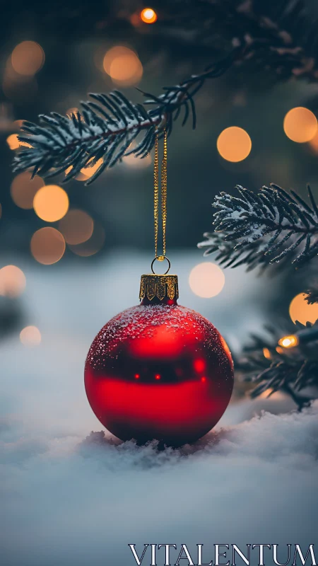 Red ornament on snowy branch with blurred winter lights.