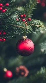 Red bauble hangs on fir branch with berries in sharp focus