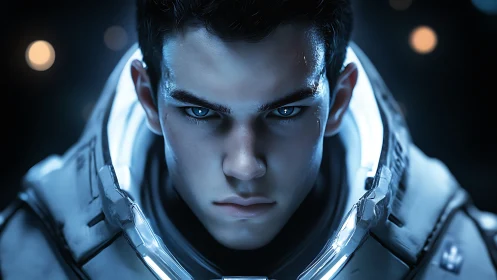 Young space explorer gazes ahead with quiet fierce focus.