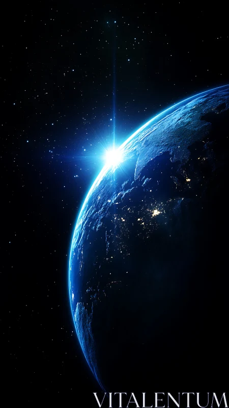 Gentle sunrise over Earth lighting a quiet, starry horizon.