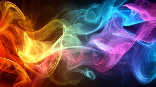 Vibrant neon smoke trails flow across a dark abstract space