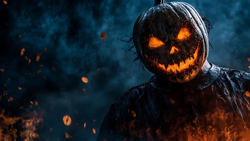 Cinematic jack-o-lantern scarecrow in fiery blue haze portrait.