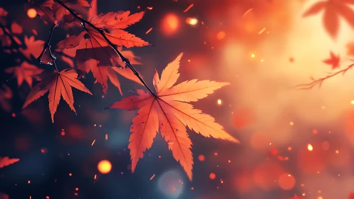 Glowing autumn maple leaves drift through warm evening light.