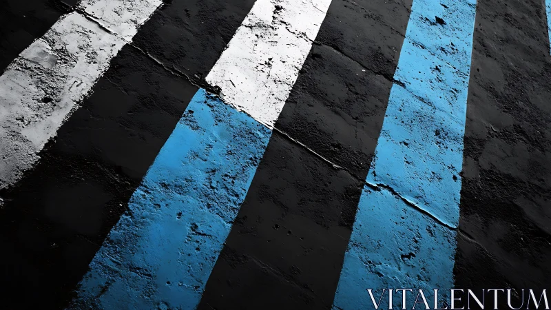 Abstract view of crosswalk with blue and white stripes, urban style.