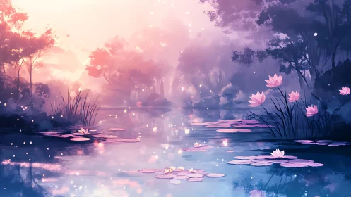 Soft sunrise drifts over a tranquil pond of glowing lilies