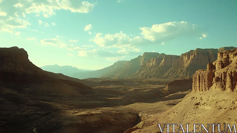 Eroded desert canyon under high sun with stratified sandstone walls