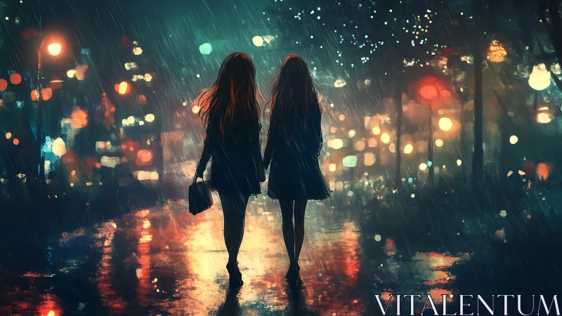 Digital painting of two figures in neon rain-soaked city street.