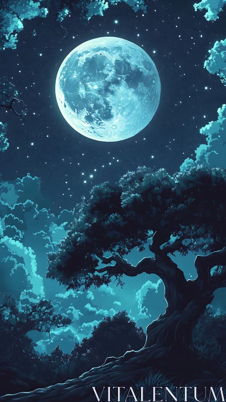 Moon-drenched forest dreaming beneath a colossal silver sky.