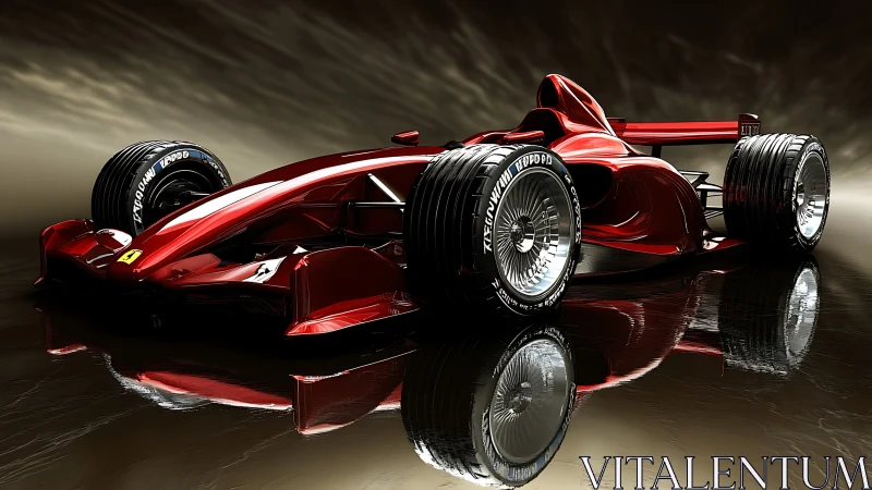 3D-rendered crimson formula race car on reflective track surface.