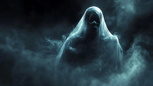 Shrouded wraith in teal fog, drifting through midnight silence.