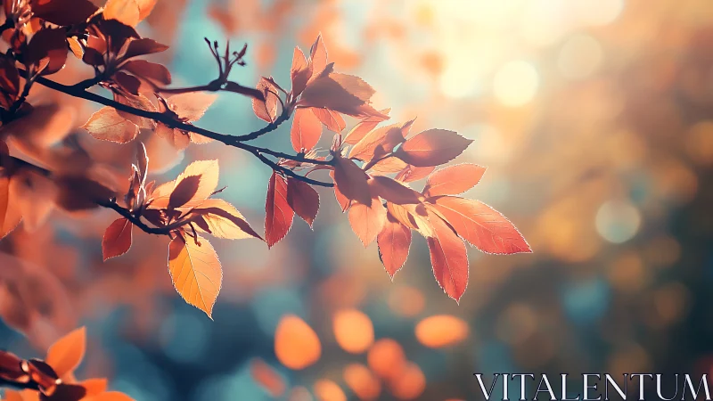 Sunlit autumn leaves glow gently in a dreamy forest breeze