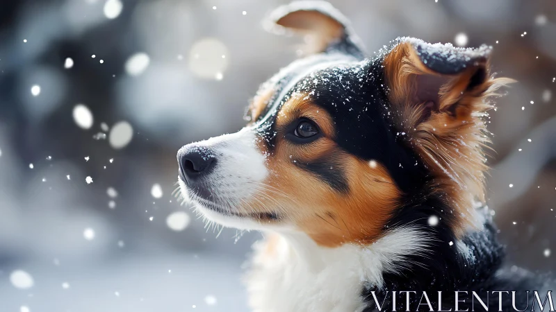 Alert tricolor dog watches falling snow in soft winter light