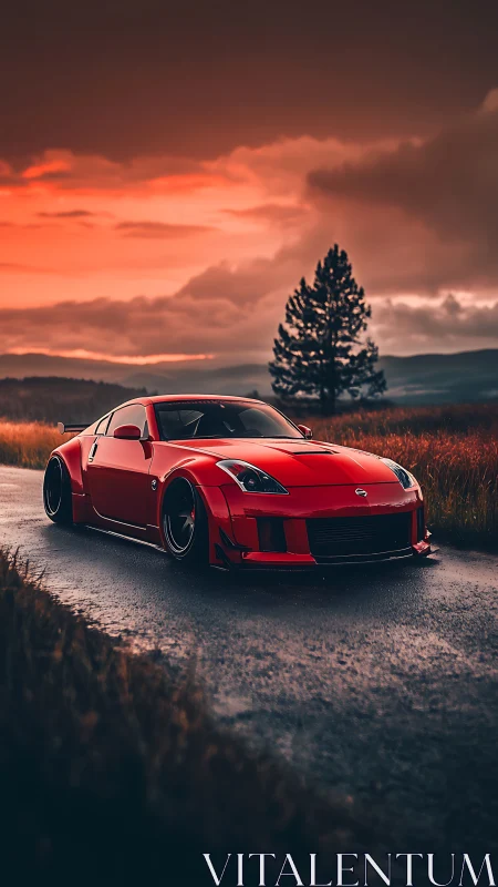 Low-slung red sports coupe on wet rural road at dusk.