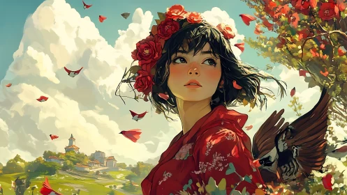Girl with red flowers amid birds and luminous summer sky.