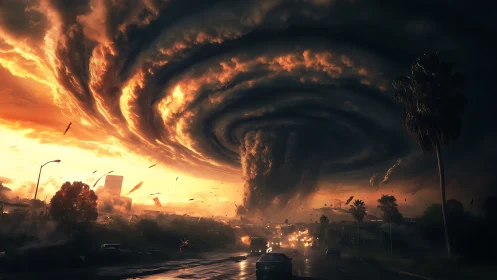 Apocalyptic supercell vortex engulfs a city at sunset