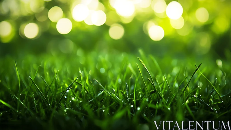 Close-up green grass blades under soft morning light.