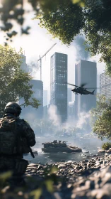 Urban river assault scene shows soldier, tank and helicopter