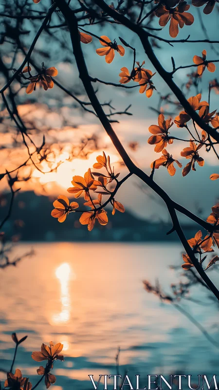 Golden blossoms frame warm sunset over reflective lake