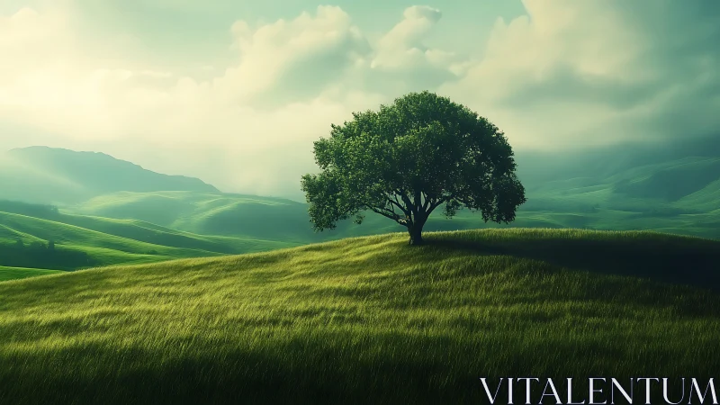 Solitary green tree crowns sunlit hill amid rolling plains