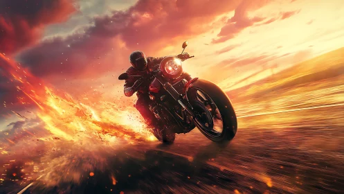 Flaming horizon bends as lone street rider outruns daylight