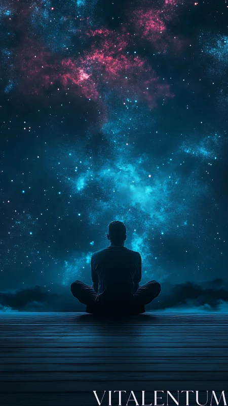 Solitary dreamer gazes into neon-swept cosmic ocean sky.