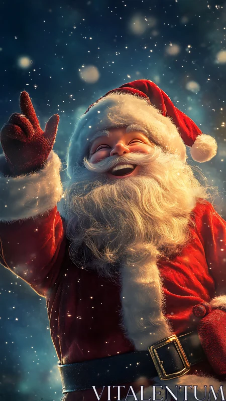 Photoreal Santa portrait in snowfall, warm lighting and detail.
