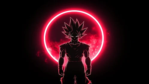 Electric warrior silhouette before a glowing crimson halo.