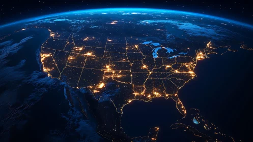 United States at night from space with glowing city lights.