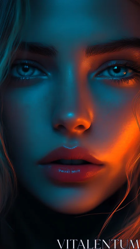 Luminous portrait of a woman in teal and fiery light.