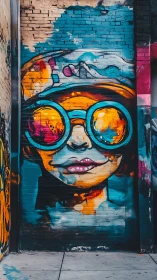 Vibrant street portrait with teal goggles and orange helmet.