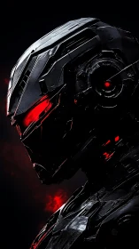 Crimson Circuit Sentinel in shadowed techno twilight.