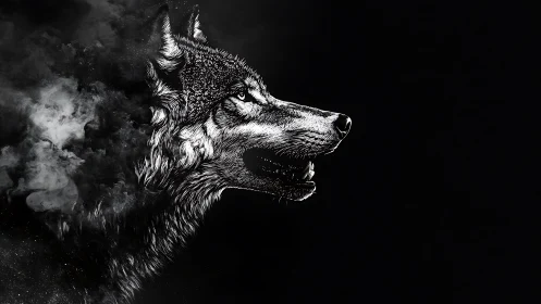 High-contrast monochrome wolf profile dissolving into smoke