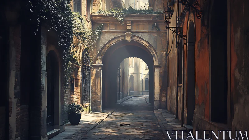 Sunlit old European alley curves beyond stone arch