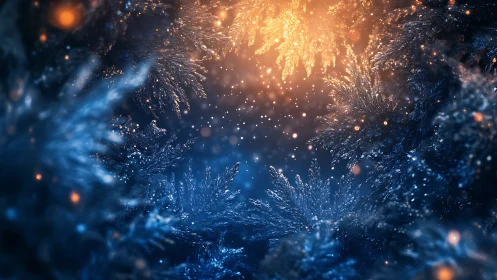 Luminous frost canopy with blue bokeh and warm flare contrast.