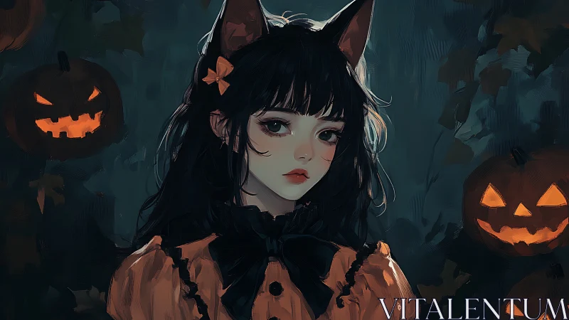 Girl in Halloween costume stands before carved pumpkins