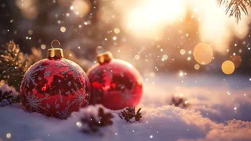 Cozy red Christmas baubles glowing softly in winter snow.