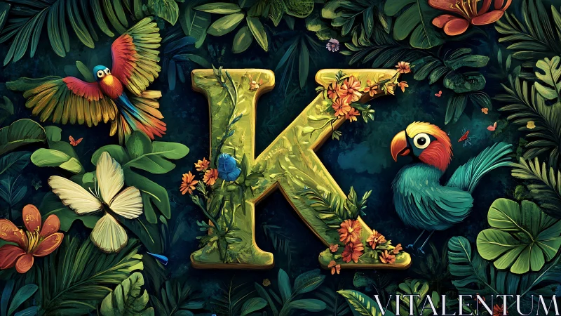 Letter K formed in tropical foliage with parrots and insects