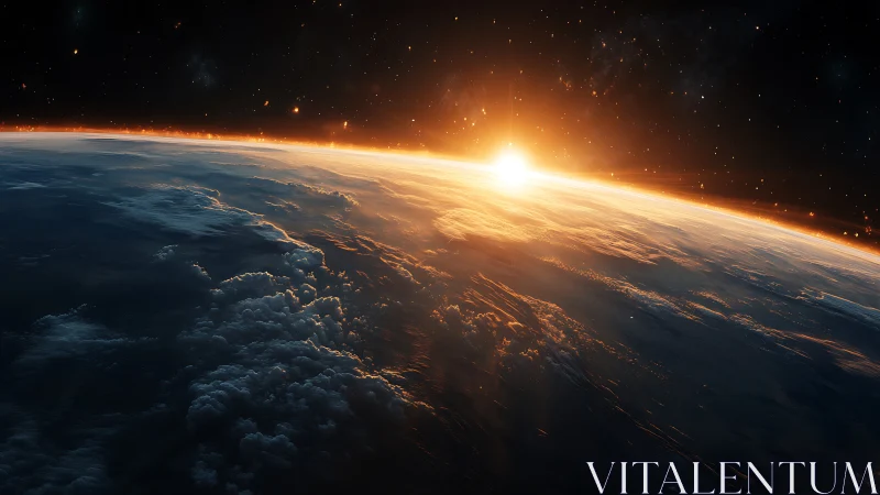 Sunrise over Earth’s limb with cloud formations in orbit.