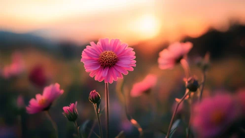 Pink gerbera daisy photographed during golden hour with field depth of field