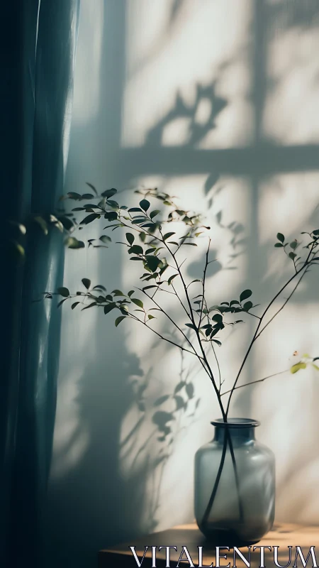 Soft morning light tracing leafy shadows on a quiet vase.