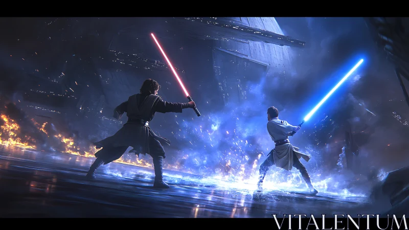 Duel on burning deck under towering starship ruin.