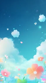 Cotton clouds and pastel blooms under a candy-blue sky.