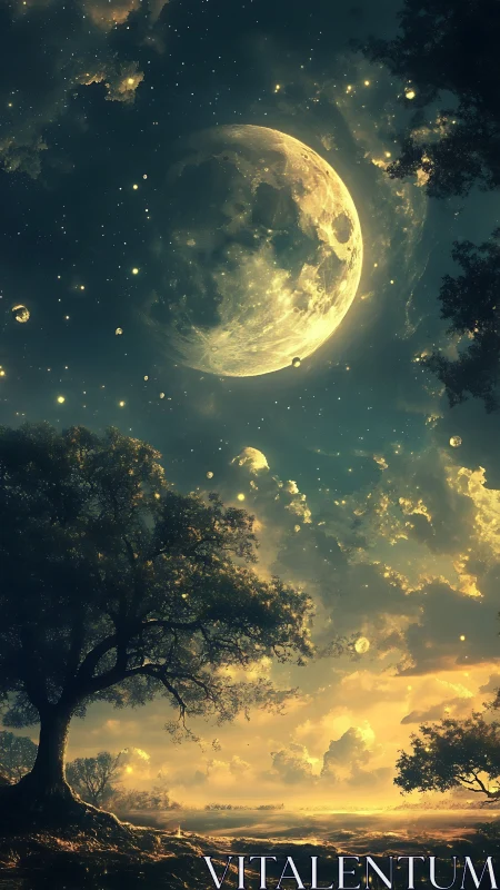 Luminous moonrise over enchanted twilight forest sky.