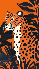 Spotted jaguar stands bold against vivid orange jungle backdrop.