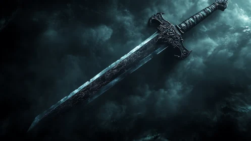Ornate dark fantasy longsword suspended in teal storm haze