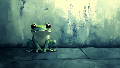 Green frog against textured wall in moody digital scene.