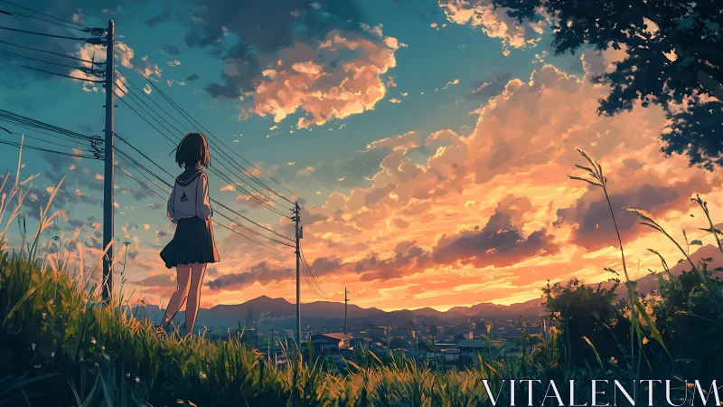 Schoolgirl silhouette over cinematic sunset cityscape.